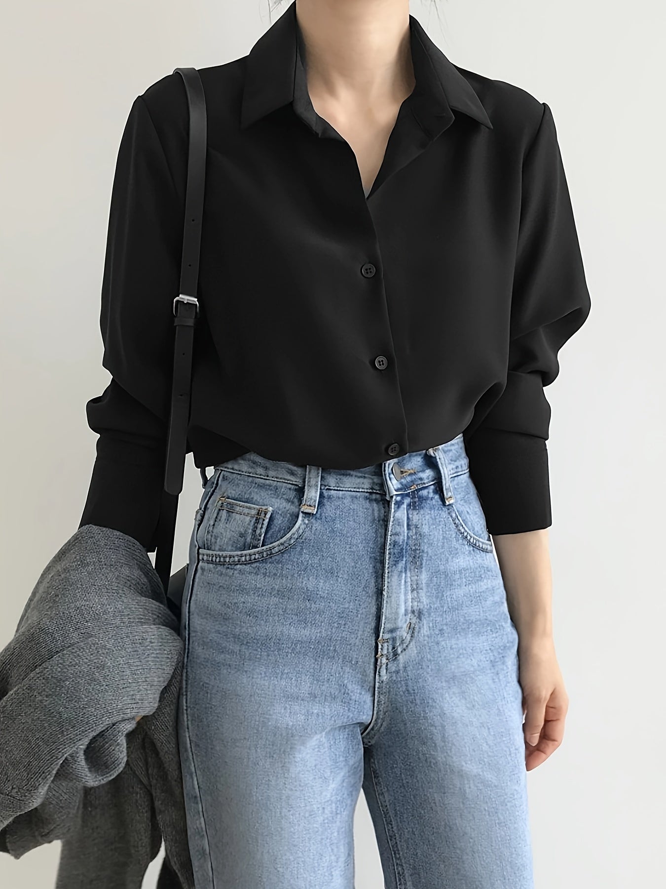 Antmvs Solid Button Front Simple Shirt, Versatile Long Sleeve Shirt For Spring & Fall, Women's Clothing