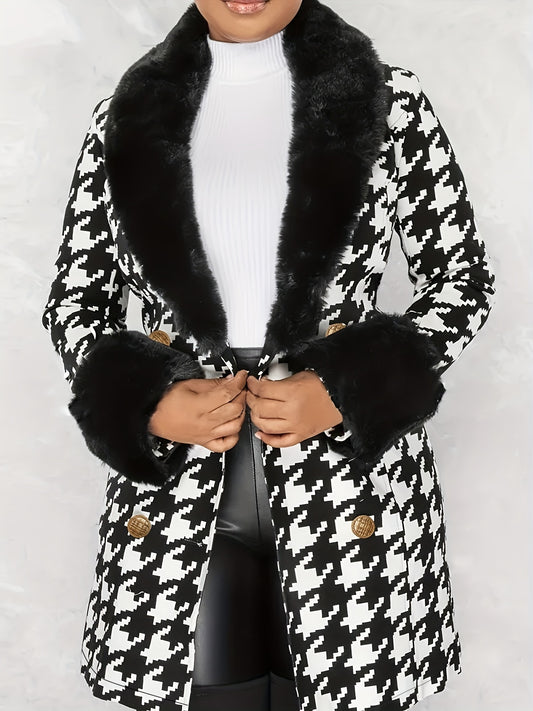 Antmvs Houndstooth Faux-Fur Trim Outwear, Elegant Double Breasted Long Sleeve Belted Coat For Winter, Women's Clothing