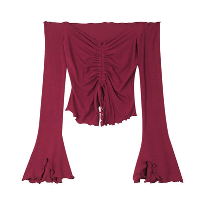 Antmvs Zerocircle Solid Color Knitwear Off-the-Shoulder Ruched Long Flare Sleeve Cropped Top