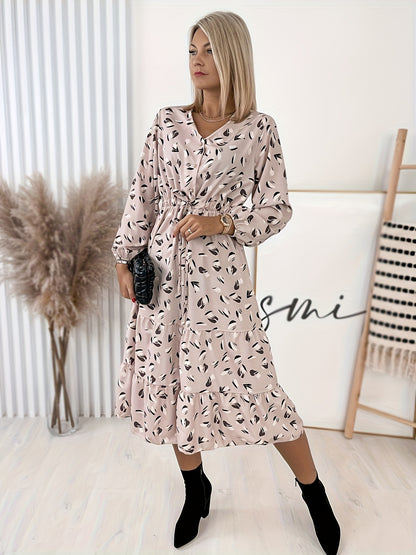 Antmvs Plus Size Casual Dress, Women's Plus Floral Print Long Sleeve V Neck Tie Front Nipped Waist Dress