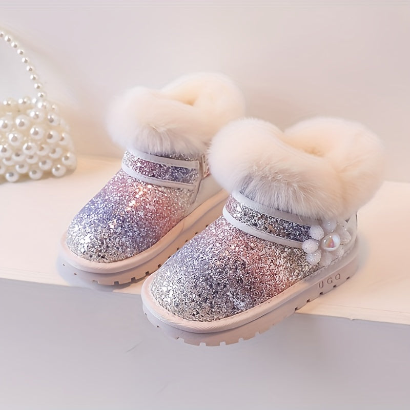 Vibrant Sequin Flower Furry Snow Boots for Girls - Warm, Non-slip, Wear-resistant, Plus Fleece Lined, Comfortable, and Stylish Winter Boots for Autumn and Winter Season