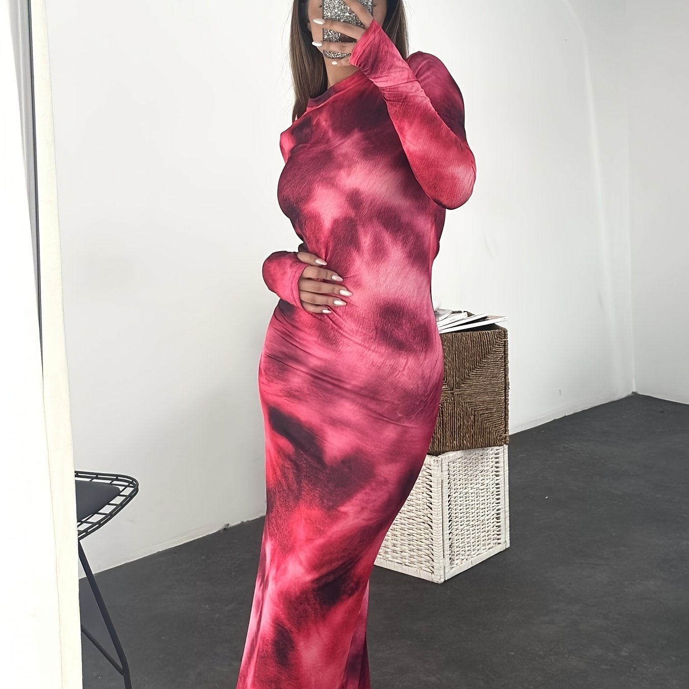 Antmvs Tie Dye Long Sleeve Bodycon Dress, Y2K Crew Neck Maxi Dress, Women's Clothing