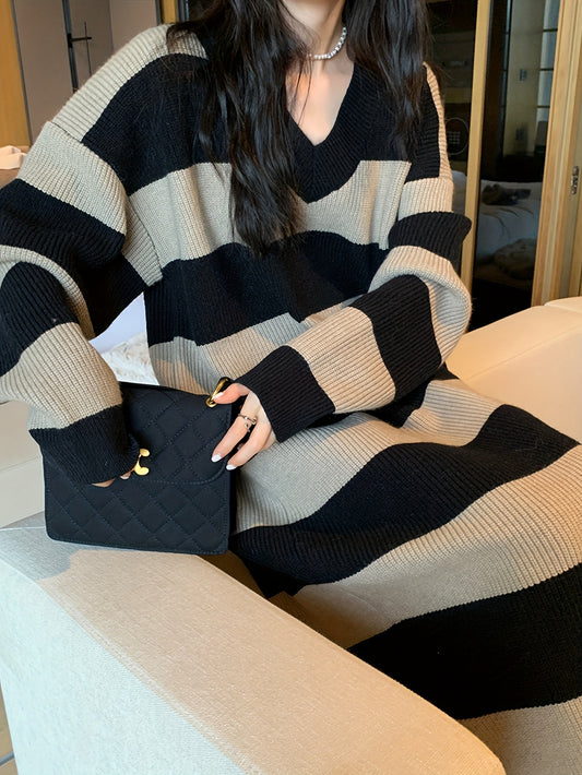 Antmvs Striped Drop Shoulder Sweater Dress, Casual V Neck Long Sleeve Maxi Dress, Women's Clothing
