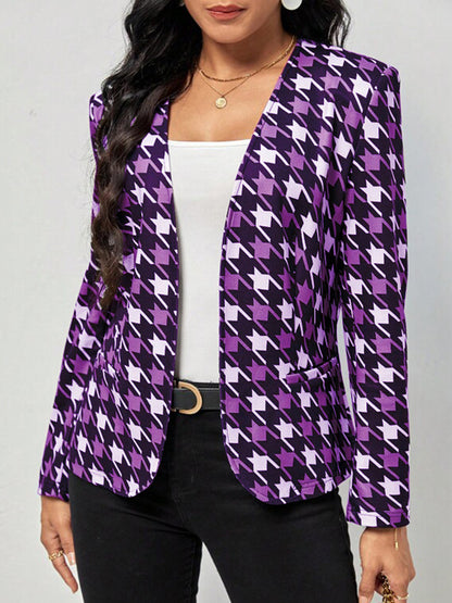 Antmvs Pockets Houndstooth Plus Size Loose V-neck Outerwear Blazer