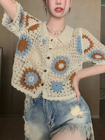 Antmvs Graphic Pattern Hollow Crochet Cardigan, Vintage Button Up Short Sleeve Stylish Top, Women's Clothing