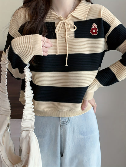 Antmvs Striped Tie Neck Pullover Sweater, Casual Long Sleeve Drop Shoulder Sweater, Women's Clothing