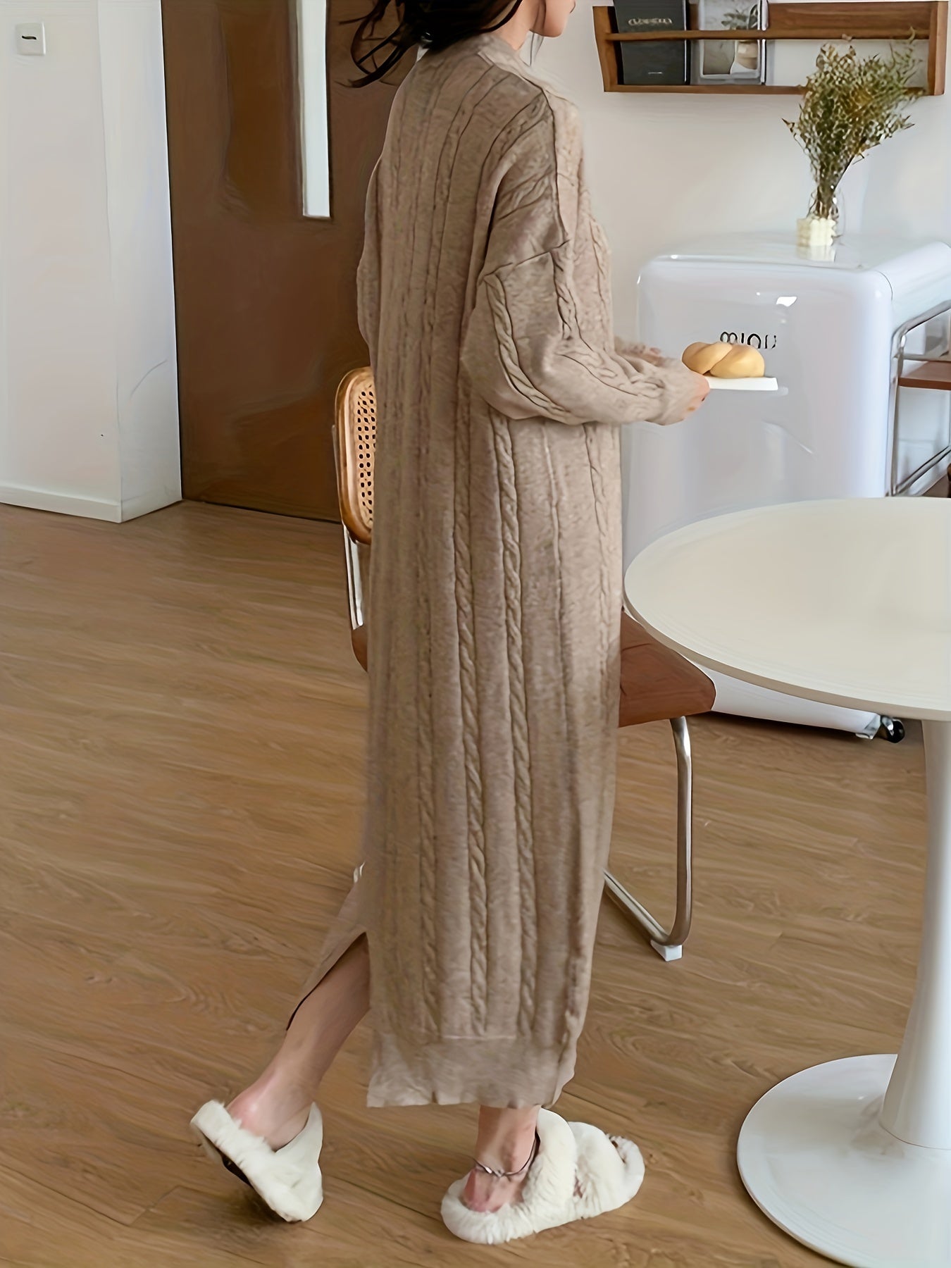 Antmvs Cable Knit Maxi Dress, Elegant Crew Neck Long Sleeve Dress, Women's Clothing