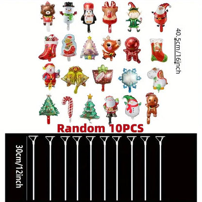 10pcs Mini Christmas Balloons with Assorted Designs - Perfect for Holiday Parties, New Year's Celebrations & More - Includes Support Rods, Best for Christmas