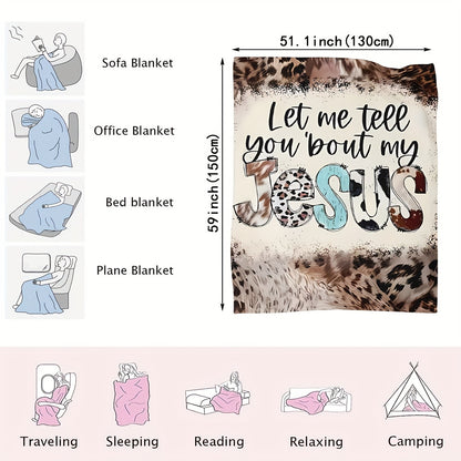 Vintage Inspirational "Let me tell you bout my Jesus" Print Throw Blanket - Hypoallergenic Polyester, Machine Washable, Stain Resistant, Chunky Knit Weave, All-Season, Multipurpose Office Shawl, Bed, Sofa, and Travel Blanket