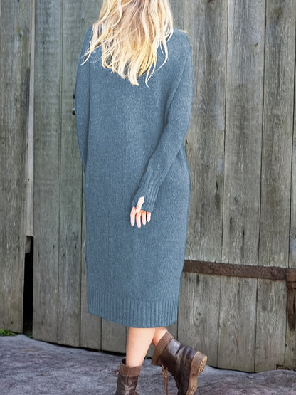 Antmvs Solid High Neck Sweater Dress, Casual Long Sleeve Midi Dress, Women's Clothing