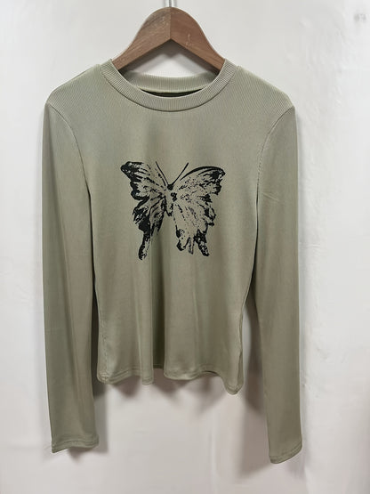 Antmvs Butterfly Print Crew Neck T-shirt, Y2K Long Sleeve Top For Spring & Fall, Women's Clothing