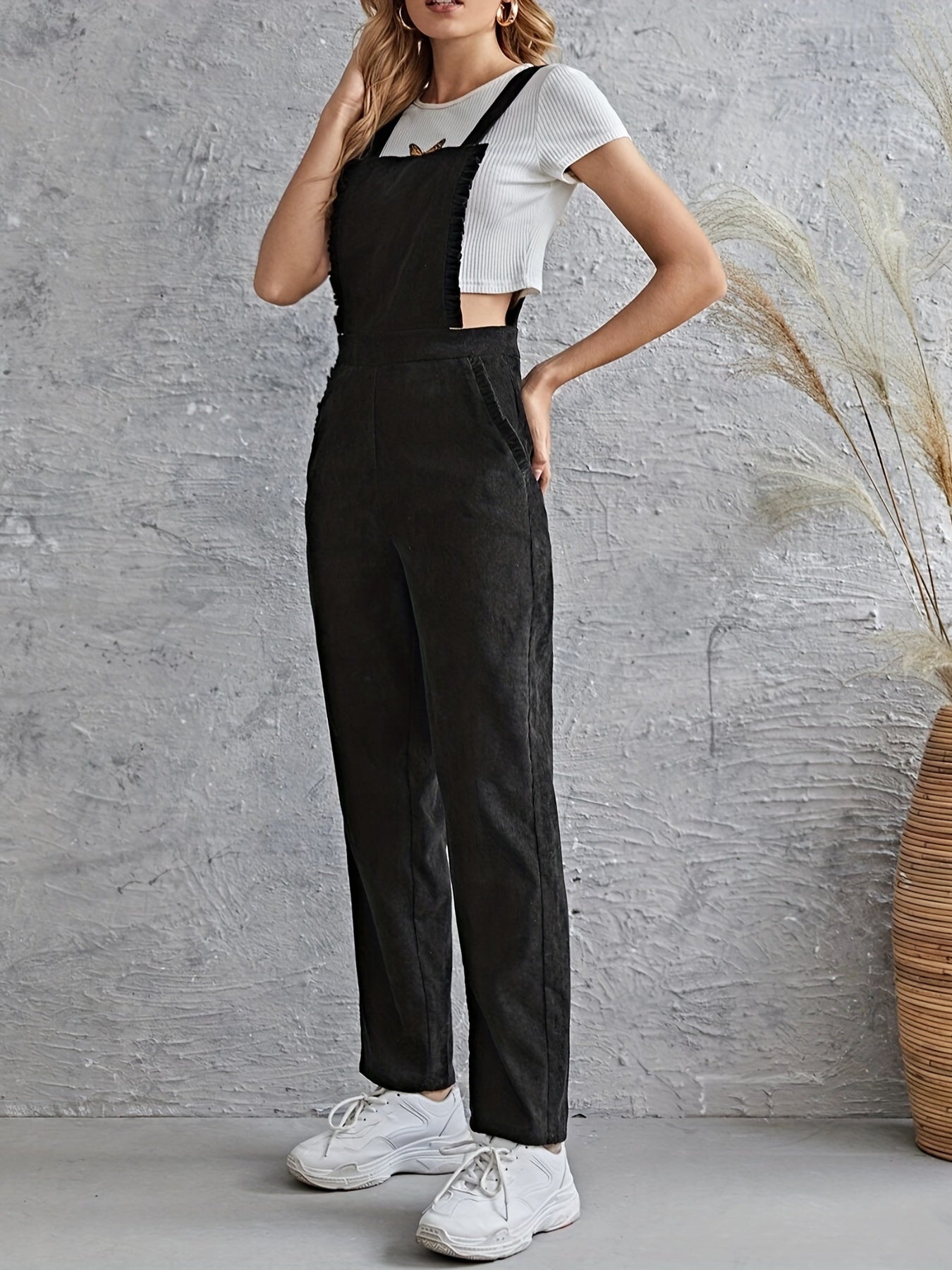 Antmvs Solid Ruffle Trim Overall Jumpsuit, Versatile Slant Pockets Corduroy Jumpsuit For Spring & Fall, Women's Clothing