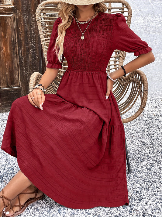 Antmvs Solid Shirred Dress, Elegant Puff Sleeve High Waist Maxi Dress, Women's Clothing