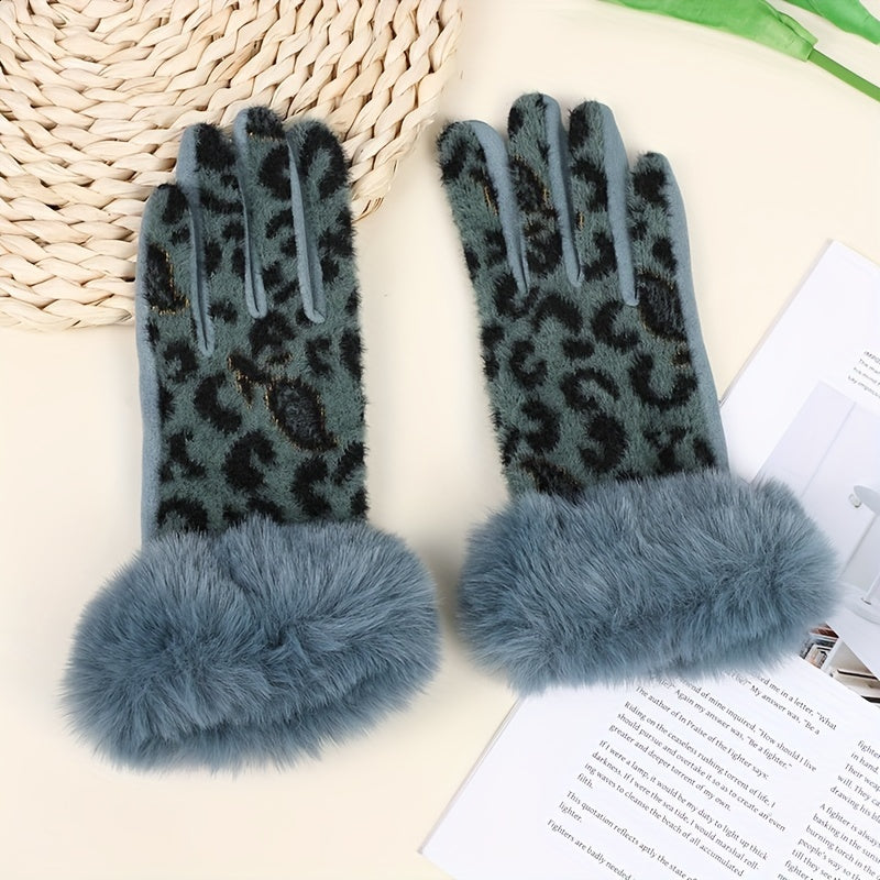 Vintage Leopard Print Faux Fur Cuff Knitted Touchscreen Gloves for Women – Polyester, Full-Finger, Non-Stretch, Stripe Pattern, Mittens for Casual Weekend Use – Warm, Crafted Knitting, No Electricity Required