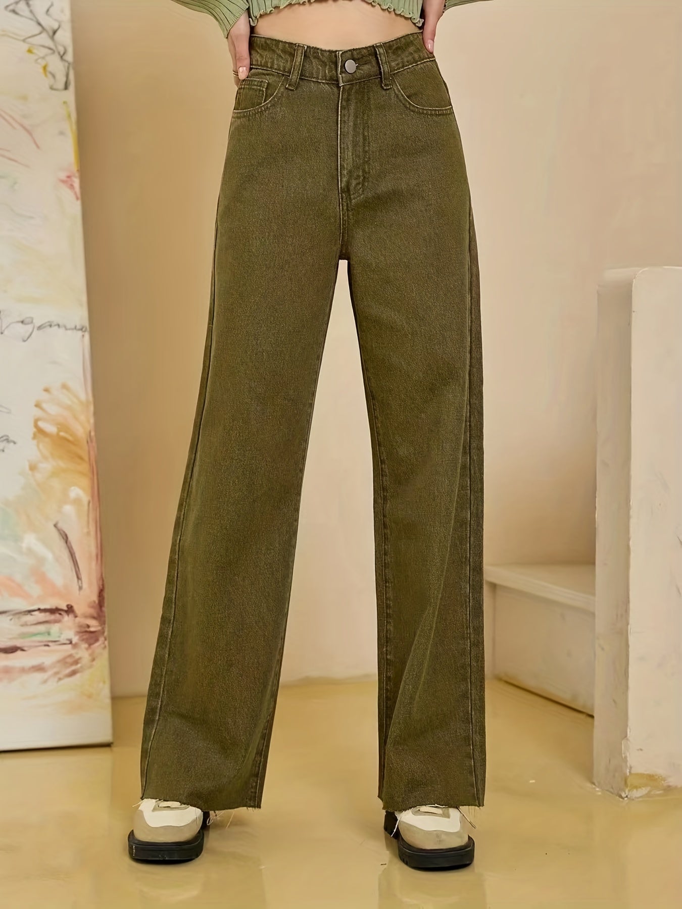Antmvs Olive Green Frayed Hem Jeans, Solid Color Slant Pocket Straight Leg Denim Pants, Women's Denim Jeans & Clothing