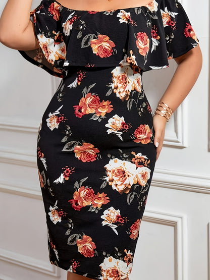 Antmvs Plus Size Casual Dress, Women's Plus Floral Print Ruffle Trim Off Shoulder Short Sleeve Midi Dress