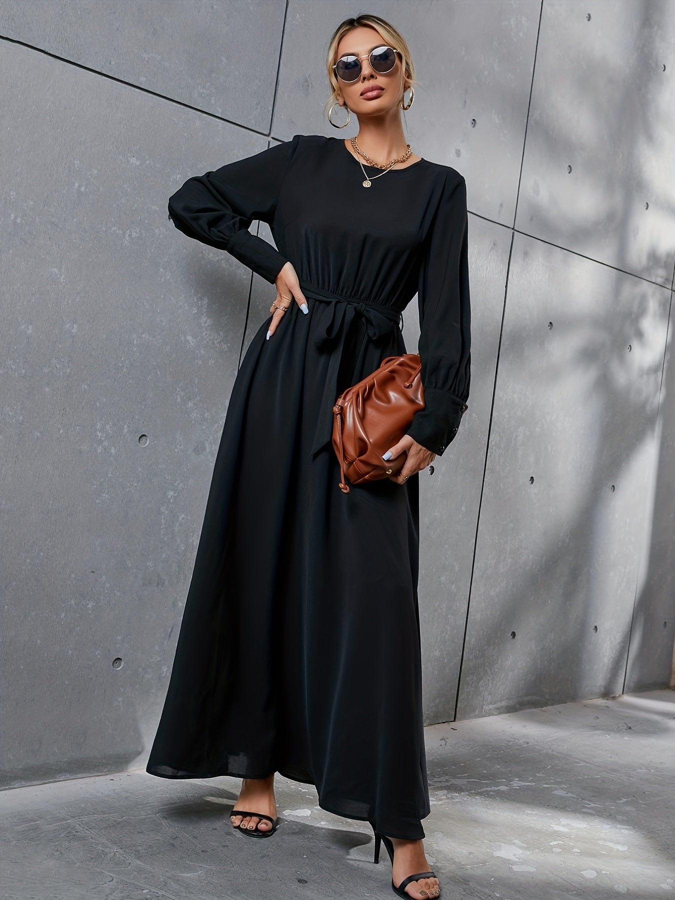 Antmvs Solid Simple Dress, Elegant Crew Neck Long Sleeve Maxi Dress, Women's Clothing