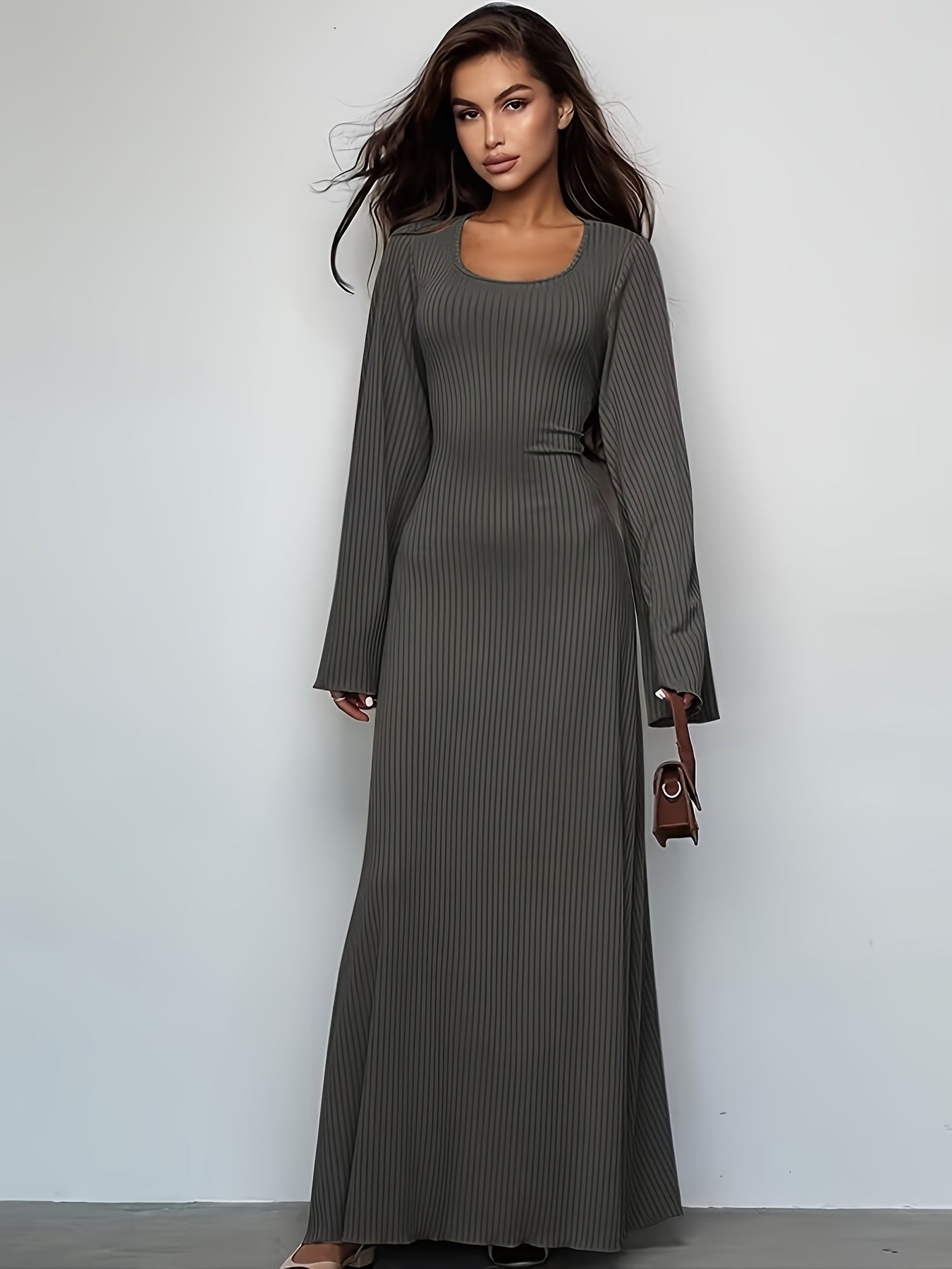 Antmvs Solid Flared Long Sleeve Dress, Casual Squared Neck Maxi Dress, Women's Clothing