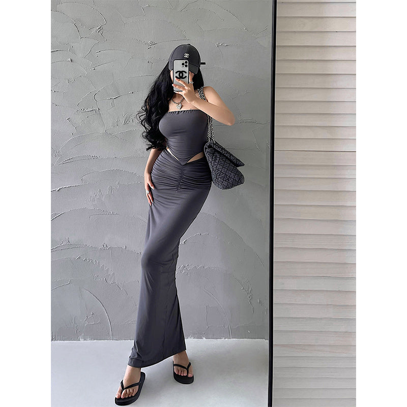 Antmvs Presila Solid Color Sleeveless Slim Bandeau Tube Top + Solid Color Pleated High V-Waist Back Slit Long Slim Skirt Matching Set