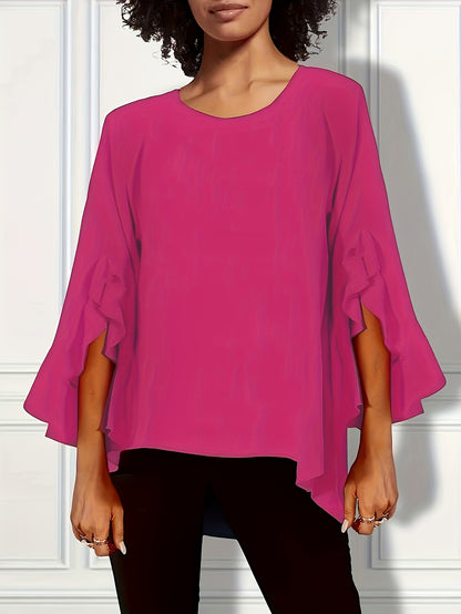 Plus Size Elegant Crew Neck Blouse - 3/4 Sleeve, Ruffle Trim, Slight Stretch, Solid Color, Woven Fabric - Perfect for Spring, Summer, and Fall Seasons