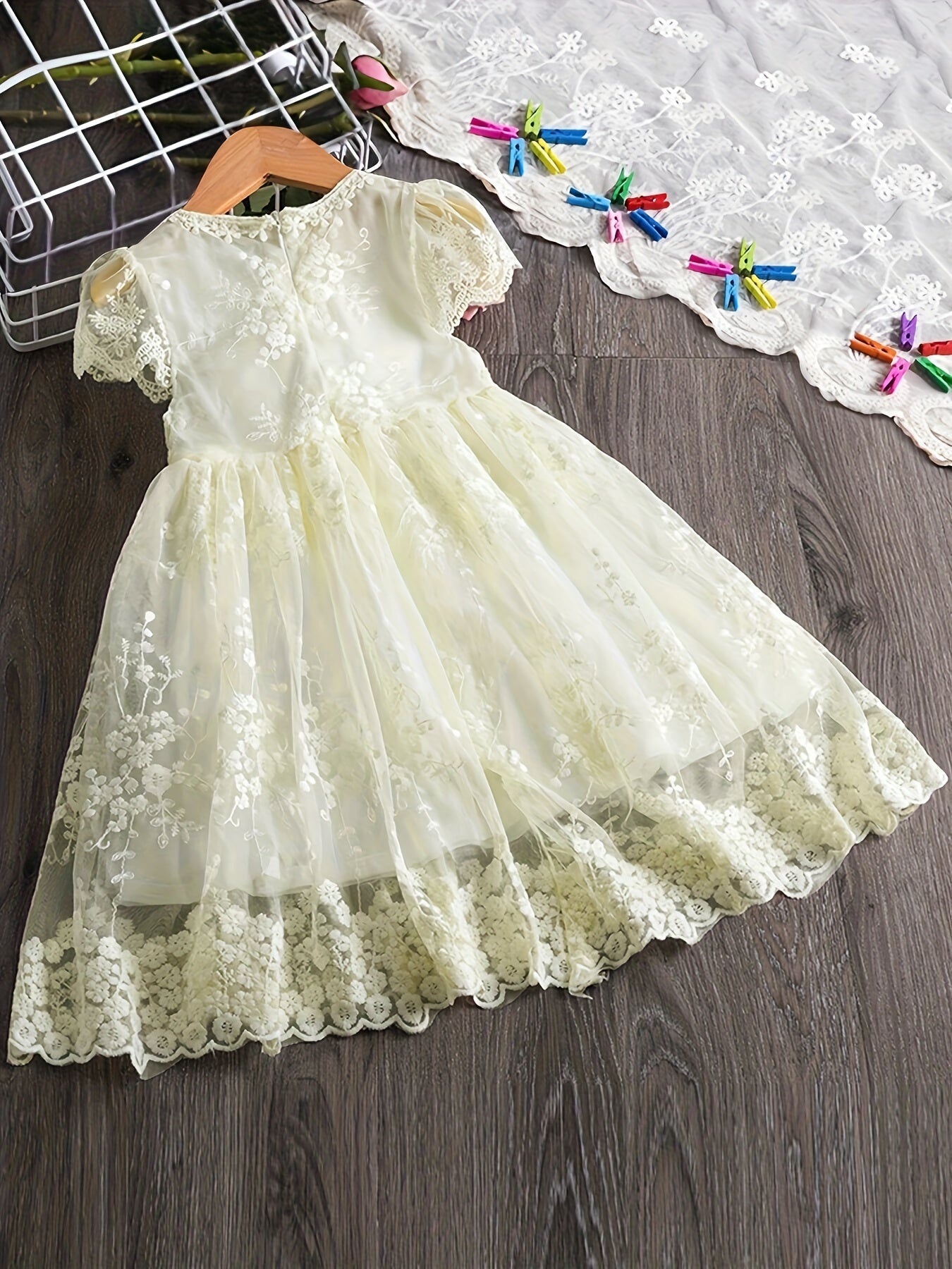 Toddler Kid's Elegant Lace Mesh Dress, Solid Color Cap Sleeve Princess Dress, Baby Girl's Clothing For Formal Occasion/Birthday Party/Photography