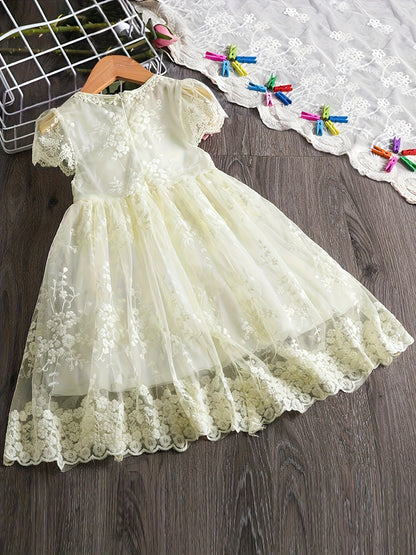 Toddler Kid's Elegant Lace Mesh Dress, Solid Color Cap Sleeve Princess Dress, Baby Girl's Clothing For Formal Occasion/Birthday Party/Photography