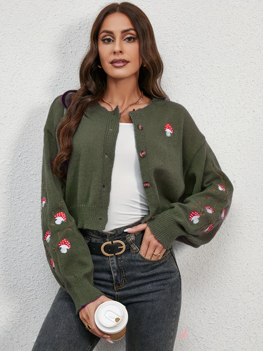 Antmvs Mushroom Embroidered Print Knit Cardigan, Casual Button Front Long Sleeve Sweater, Women's Clothing