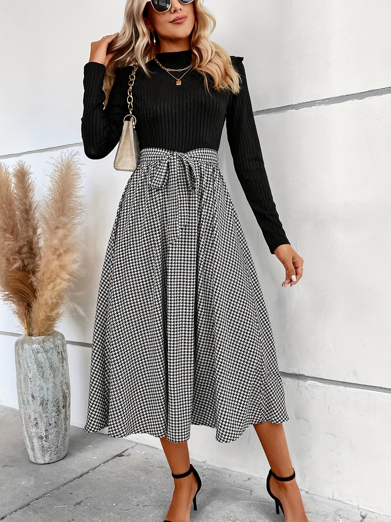 Antmvs Houndstooth Print Splicing Dress, Elegant Mock Neck Long Sleeve Dress, Women's Clothing