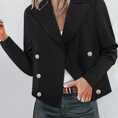 Antmvs Plus Size Elegant Coat, Women's Plus Solid Long Sleeve Double Breast Button Lapel Collar Crop Blazer