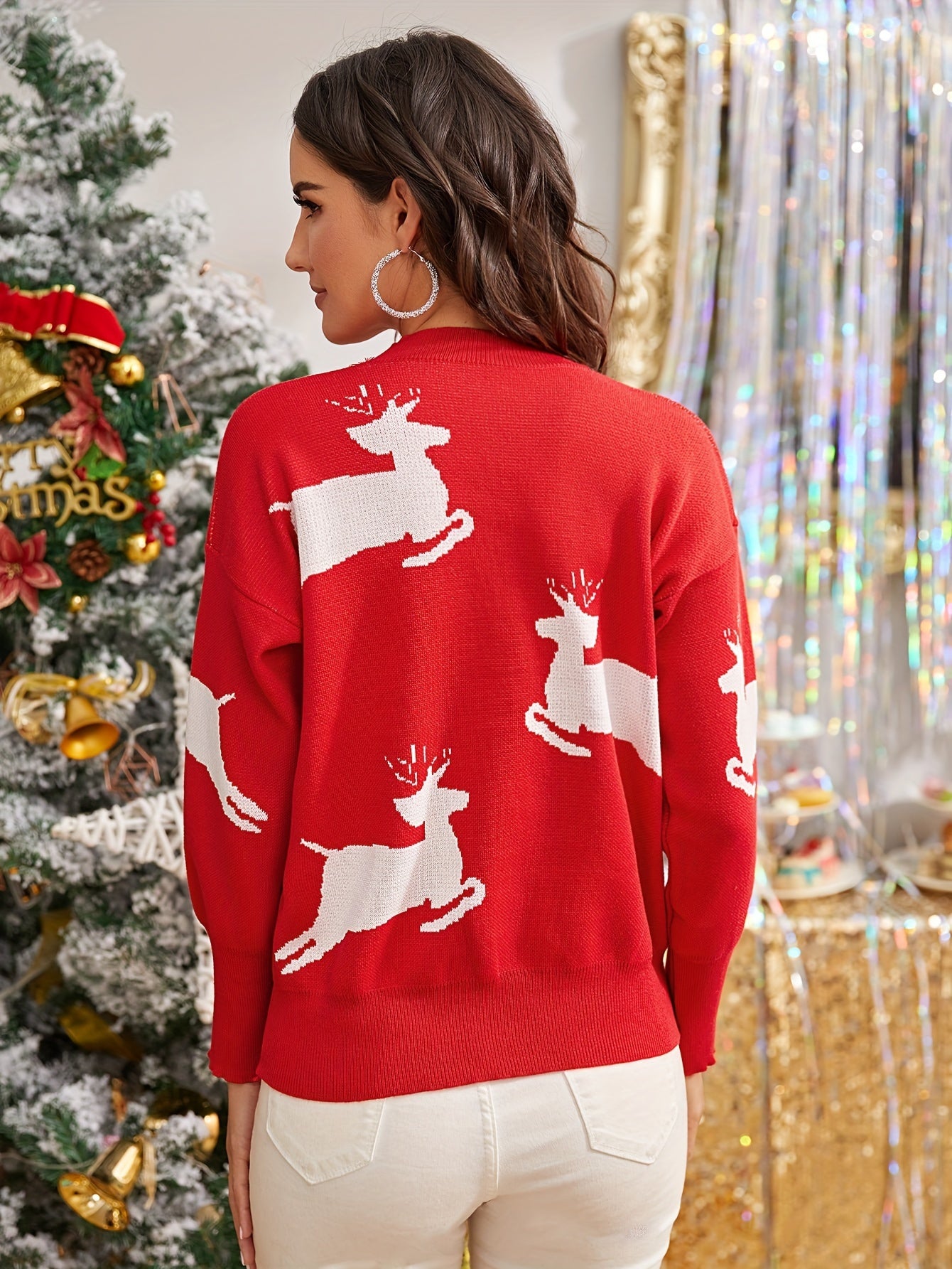 Antmvs Christmas Elk Pattern Pullover Sweater, Casual Crew Neck Long Sleeve Sweater, Women's Clothing