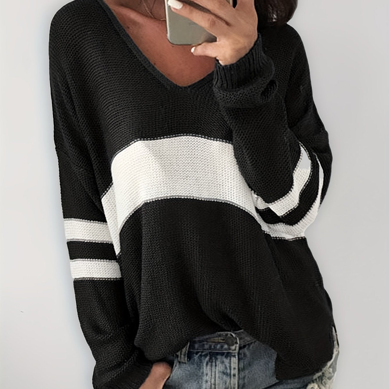 Antmvs Striped Color Block Knit Sweater, Casual V Neck Long Sleeve Sweater, Women's Clothing