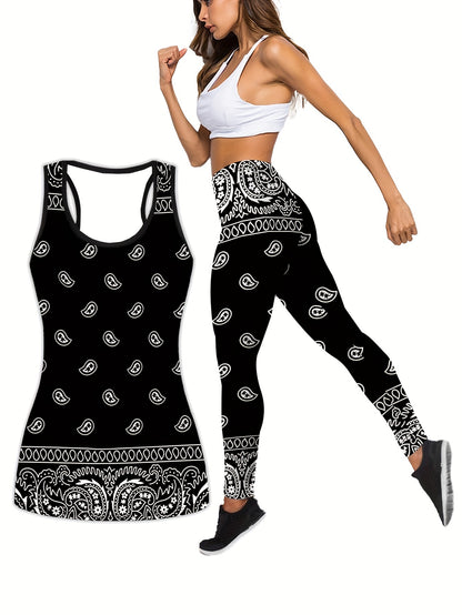 Plus Size Two Piece Sports Outfits Set - Women's Boho Chic Paisley Print Racer Back Tank Top & Leggings for Yoga, Running, Fitness, and Active Wear with Slight Stretch