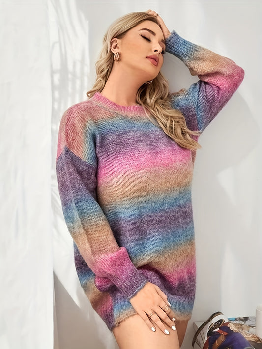 Antmvs Plus Size Casual Sweater, Women's Plus Colorblock Long Sleeve Round Neck Slight Stretch Sweater