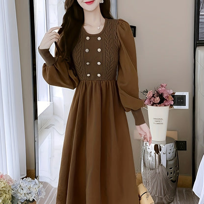 Antmvs Crew Neck Knitted Maxi Dress, Elegant Solid Color Button Long Sleeve Sweater A-line Dress For Fall & Winter, Women's Clothing