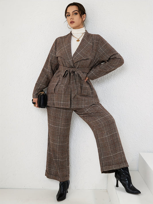 Antmvs Plus Size Elegant Suit Set, Women's Plus Plaid Print Long Sleeve Waterfall Collar Belted Blazer & Wide Leg Pants Outfits Two Piece Set