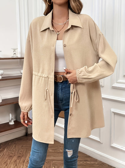 Antmvs Plus Size Casual Blouse, Women's Plus Solid Waffle Pattern Button Up Long Sleeve Turn Down Collar Drawstring Nipped Waist Blouse