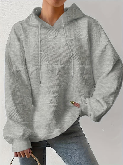 Antmvs Plus Size Casual Sweatshirt, Women's Plus Solid Star Embossed Drop Shoulder Long Sleeve Drawstring Hooded Pullover Sweatshirt With Kangaroo Pockets, Casual Tops For Fall & Winter, Plus Size Women's Clothing