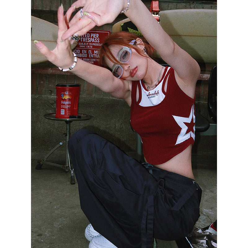 Antmvs BeerBro American Fake Two-piece Star Contrast Cropped Sleeveless Suspender Top