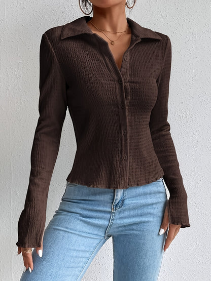 Antmvs Textured Button Front Collared Blouse, Casual Long Sleeve Top For Spring & Fall, Women's Clothing