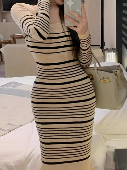 Antmvs Striped Print Knitted Slim Dress, Elegant Long Sleeve Dress, Women's Clothing