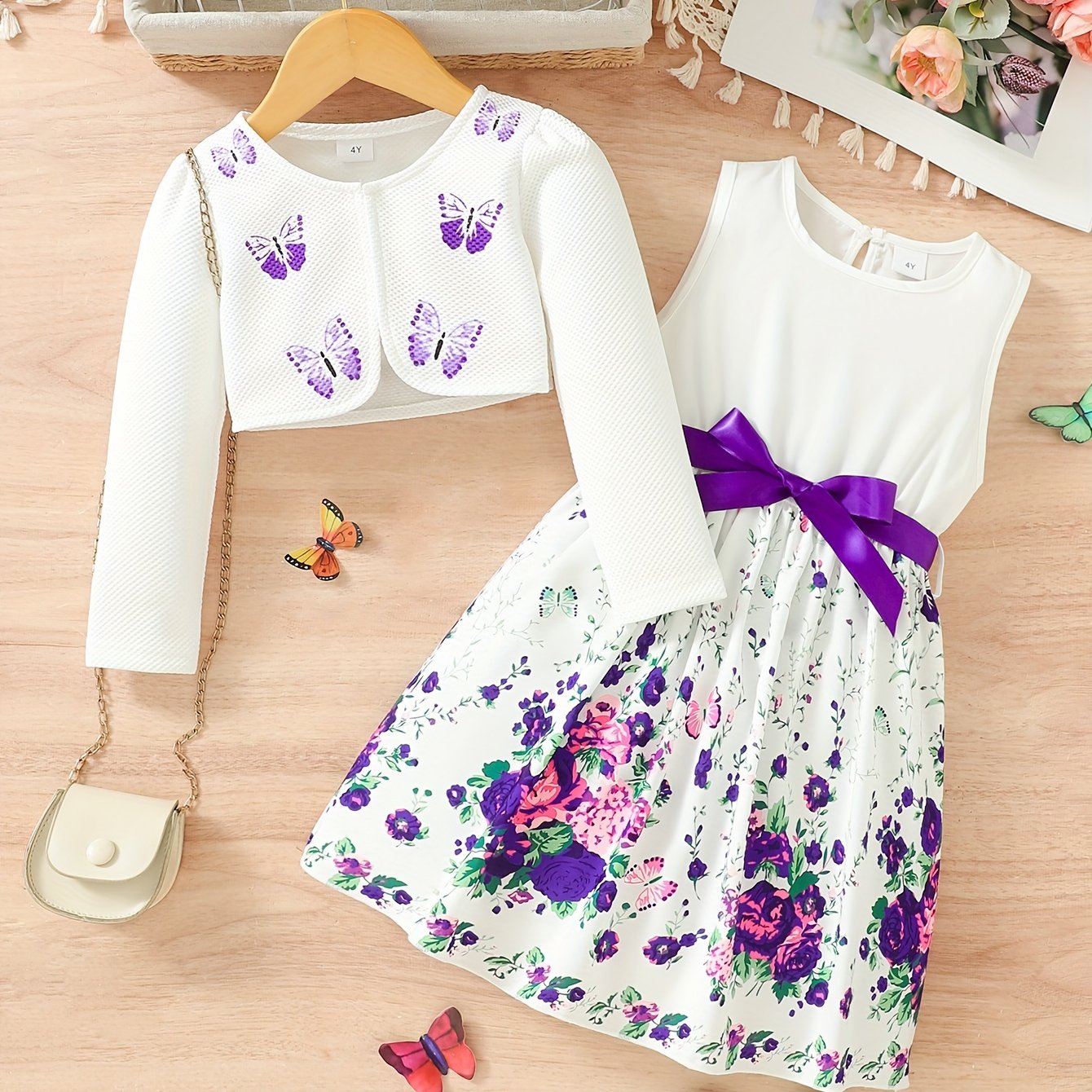 2pcs Little Girl Butterfly Dresses Outfit Floral Tank Dress And Graphic Cardigan Top Set, For Cute And Casual Look, Kids Clothing Gift