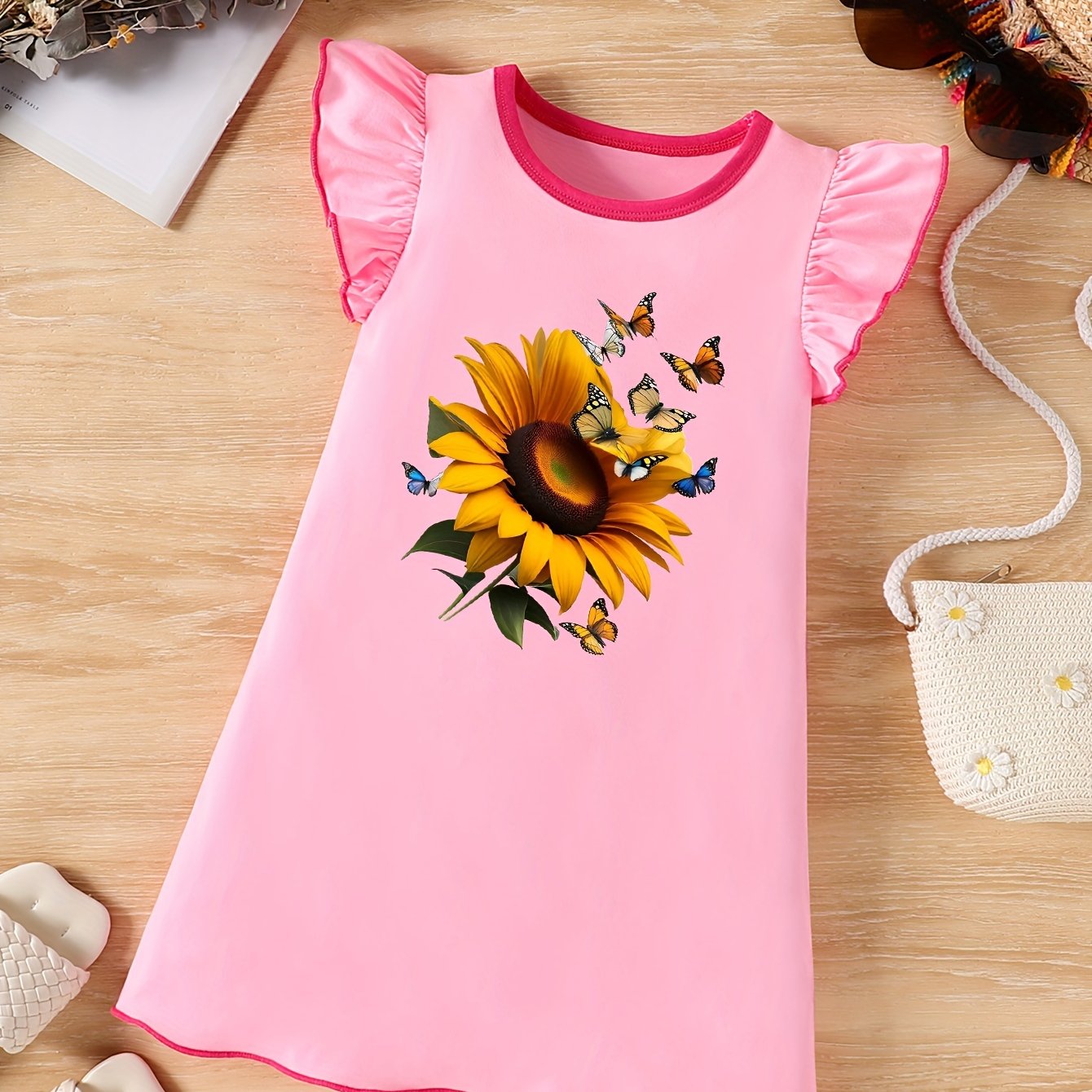 Sunflower & Butterfly Print Dress - Vibrant Sleeveless Crew Neck Ruffle Trim Cotton Dress for Summer, Perfect for Little Girls, Ideal Gift for Birthdays and Holidays, Part of Girls Casual Daily Wear Collection