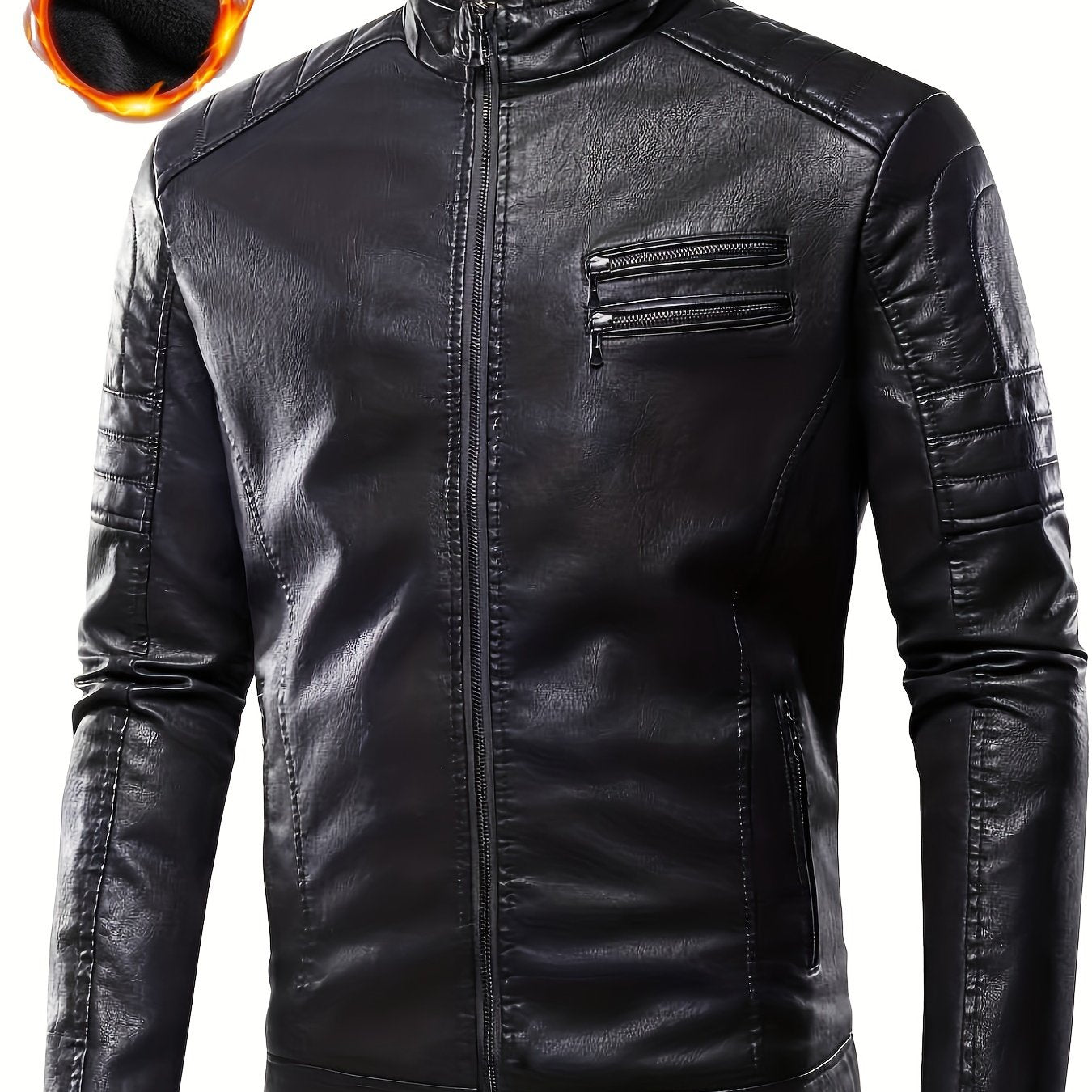 Plus Size Men's Faux Leather Casual Jacket - Quilted Shoulders, Zippered Pockets, Soft Lining, Adjustable Waist, Versatile Design for Everyday Wear - Perfect for Casual Occasions and Outdoor Activities