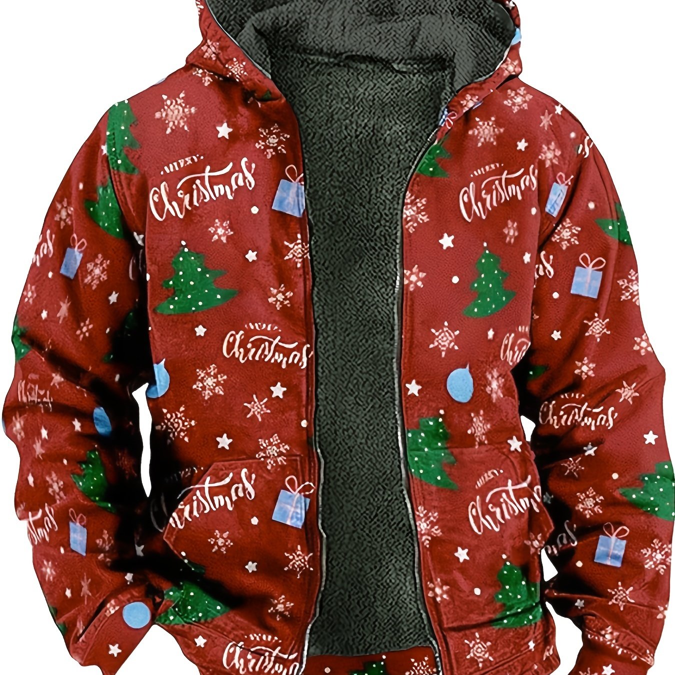 Plus Size Men's Christmas Tree Graphic Print Hooded Jacket Fall Winter Tops, Men's Clothing