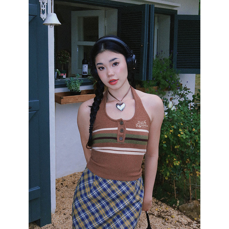 Antmvs BeerBro American Striped Halter Button Up Cropped Top