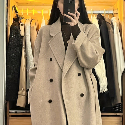 Antmvs Solid Double Breasted Belted Overcoat, Elegant Lapel Long Sleeve Pockets Outwear For Fall & Winter, Women's Clothing