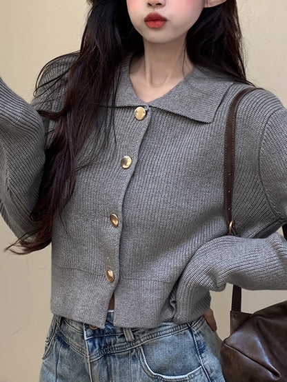 Antmvs Solid Button Up Knit Cardigan, Casual Turndown Collar Long Sleeve Sweater, Women's Clothing