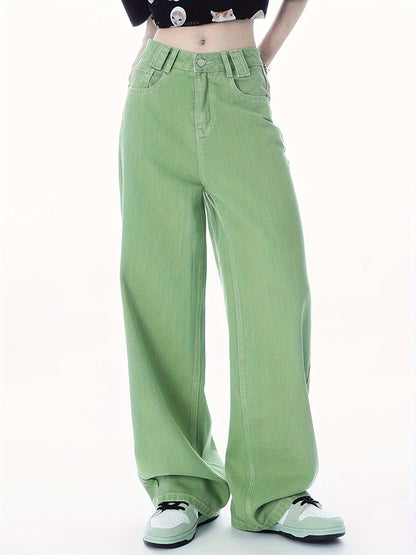 Antmvs Green Loose Fit Straight Jeans, Non-Stretch Slant Pockets Casual Wide Legs Jeans, Women's Denim Jeans & Clothing