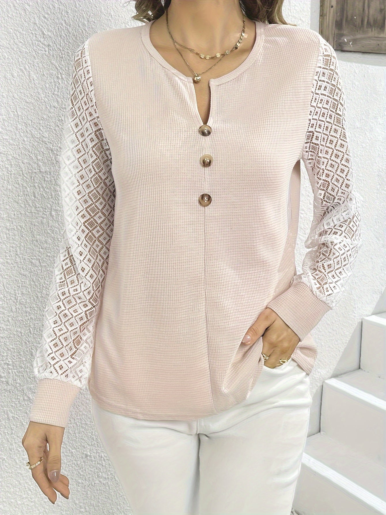 Antmvs  Contrast Lace Notched Neck Blouse, Casual Long Sleeve Blouse With Buttons, Women's Clothing