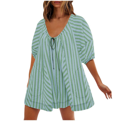 Antmvs -  Womens Striped Romper Casual Loose Puff Sleeve Wide Leg Jumpsuit Overall with Pockets